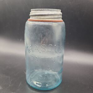 Antique MASON'S PATENT NOV 30TH 1858 Light Blue Quart Fruit Canning Jar 7.25"